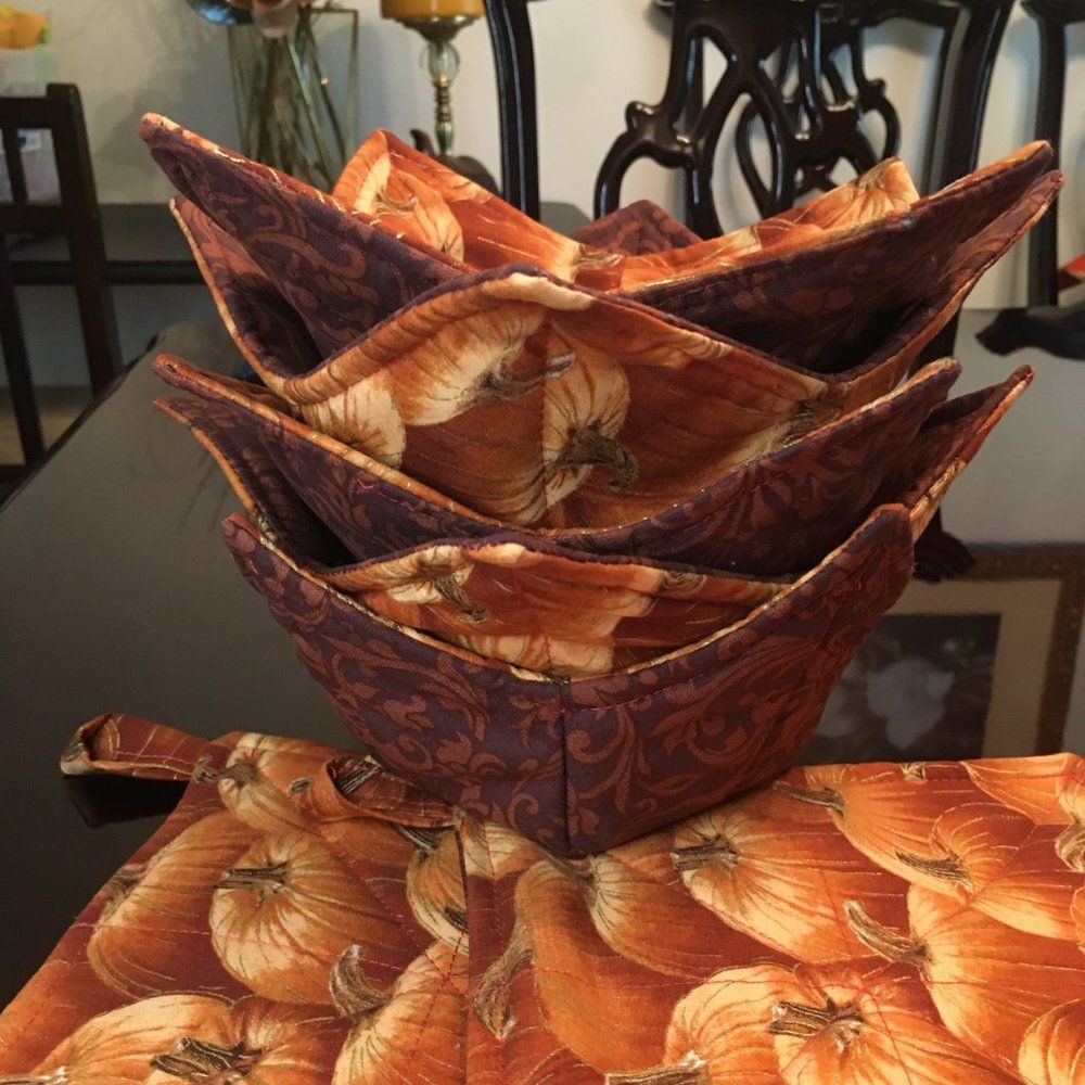 Bowl Cozies & Potholder Sets for Seasonal Pumpkin Decor Holiday or Anytime Gifts